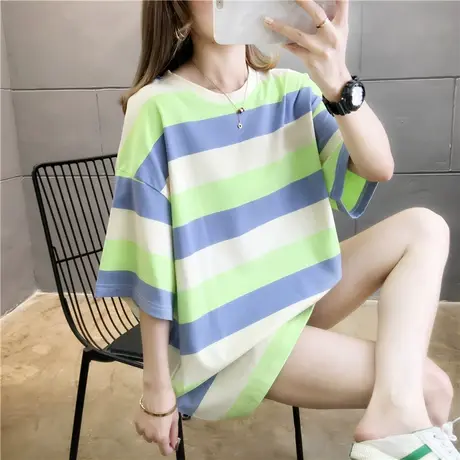 2023年夏季新款宽松情侣女装网红条纹中长款上衣ins超火短袖t恤潮商品大图