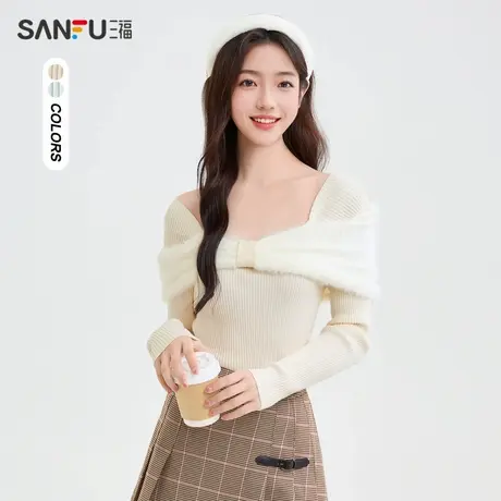 三福毛衣2025春季蝴蝶结一字领修身毛针织衫上衣女装492915图片