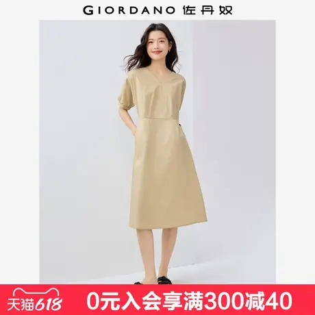 佐丹奴裙子女夏季新款纯棉府绸打褶收腰连袖V领连衣裙女05465066图片