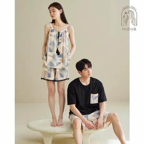 妮狄娅情侣睡衣女夏季纯棉薄款吊带男休闲度假风可外穿家居服套装商品大图