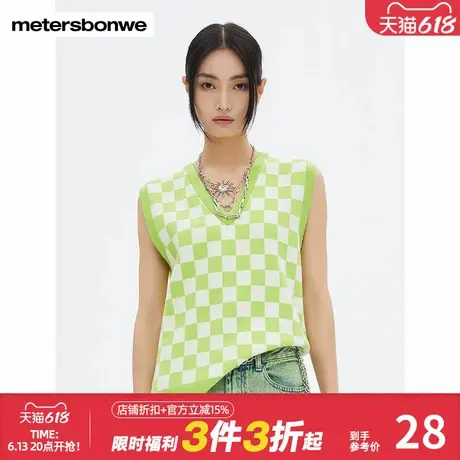 美特斯邦威马甲女春秋棋盘格子提花毛织背心休闲无袖V领毛衫图片