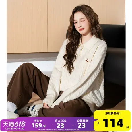 唐狮2025新款春秋毛衣女POLO领净色绞花毛线衫慵懒穿搭宽松上衣商品大图