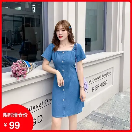 2023夏季新款法式大码牛仔连衣裙胖mm牛仔裙方领A字修身显瘦200斤商品大图