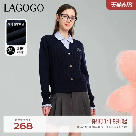 LAGOGO假两件学院风毛针织衫女拉谷谷春秋新款拼接条纹立领开衫商品大图