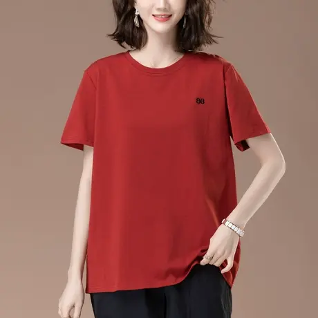 圆领短袖T恤女夏季宽松加肥加大码女装中年妈妈休闲全棉显瘦上衣商品大图