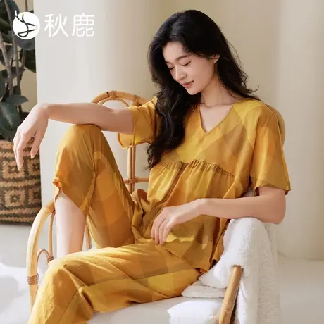 秋鹿【直播专享】睡衣梭织色织格短袖九分裤女套可外穿家居服套装商品大图