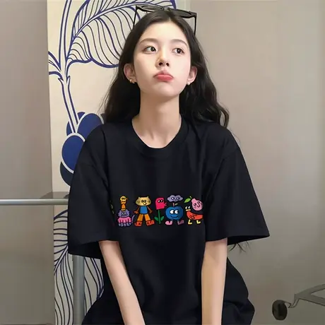 黑色夏日穿搭短袖t恤女士2025新款爆款纯棉半袖小众宽松显瘦上衣图片