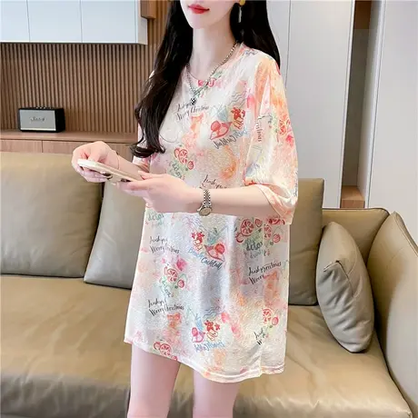 冰丝薄款短袖t恤女夏季韩版宽松大码中长款涂鸦设计感小众上衣服图片