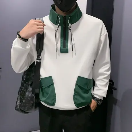 春秋季立领半拉链卫衣潮牌撞色拼接宽松套头上衣外套工装休闲体恤商品大图