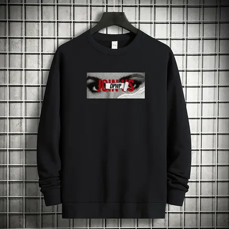 重磅纯棉卫衣男秋冬款加绒加厚保暖摇粒绒黑色圆领无帽长袖上衣服商品大图