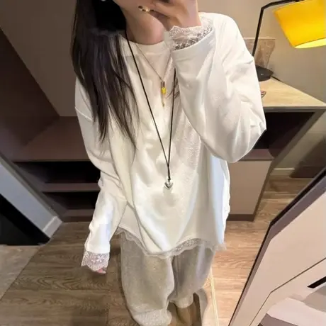 蕾丝花边拼接长袖T恤女春秋季宽松韩版纯棉打底衫内搭外穿上衣服商品大图