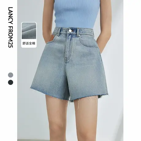 朗姿纯棉a字宽松显瘦高腰阔腿气质牛仔短裤女2024年夏新款休闲裤商品大图