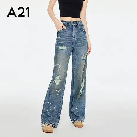 A21女装水洗破洞毛边拖地牛仔裤2025秋新款简约设计感宽松阔腿裤图片