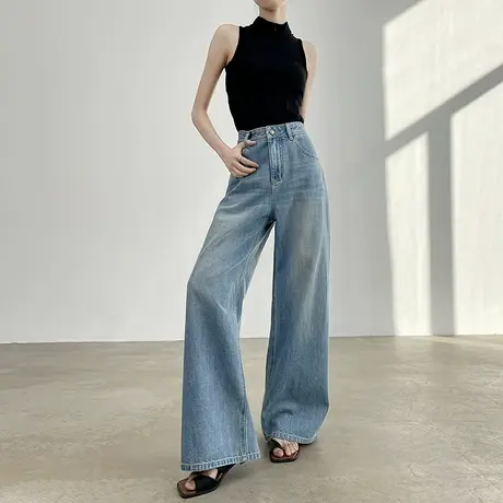 美式辣妹复古阔腿牛仔裤女2025新款高腰折痕做旧水洗垂感拖地裤子商品大图