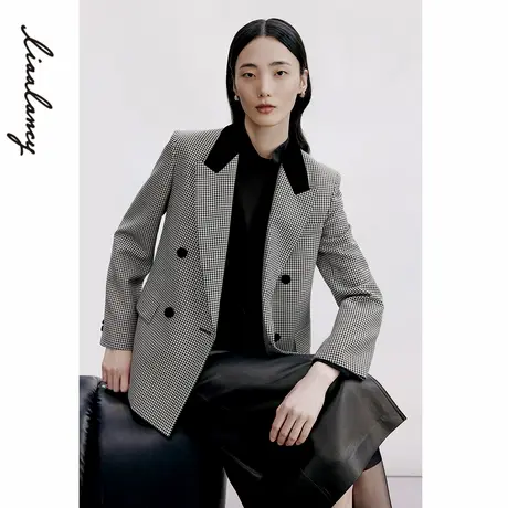 LANCY/朗姿2024秋季新款绵羊毛大翻领细格子西装外套女中长款西服商品大图