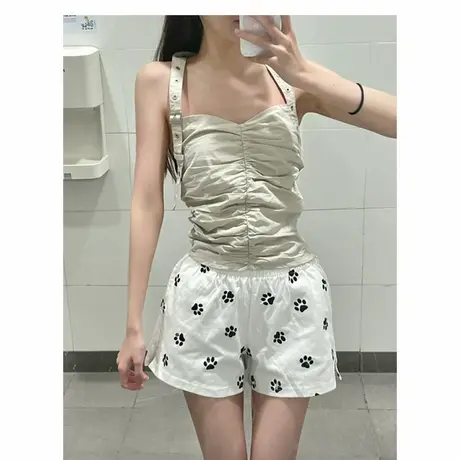 白色狗爪印花休闲短裤女夏季薄2025新款高腰显瘦阔腿五分裤小个子商品大图