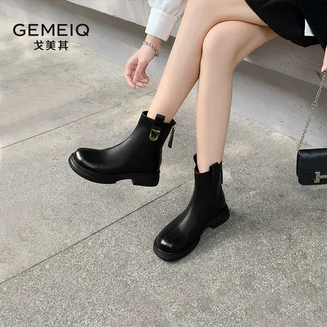 戈美其烟筒靴女2025春季新款切尔西靴中筒短靴厚底马丁靴皮靴图片