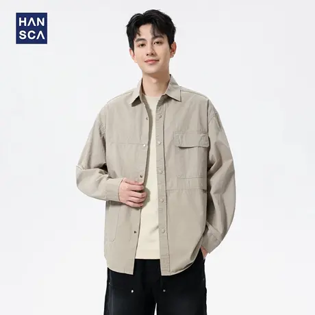 hansca工装衬衫男长袖2025新款秋季复古纯棉休闲立领男潮衬衣外套商品大图