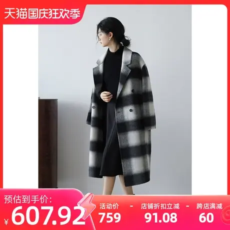 嘉茱莉2023秋冬新款羊毛大衣女中长款复古格纹呢子外套设计感小众商品大图