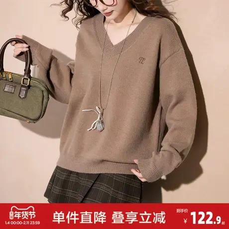 唐狮2026春季新款毛衣女简约小绣花设计V领套头美式学院风休闲商品大图