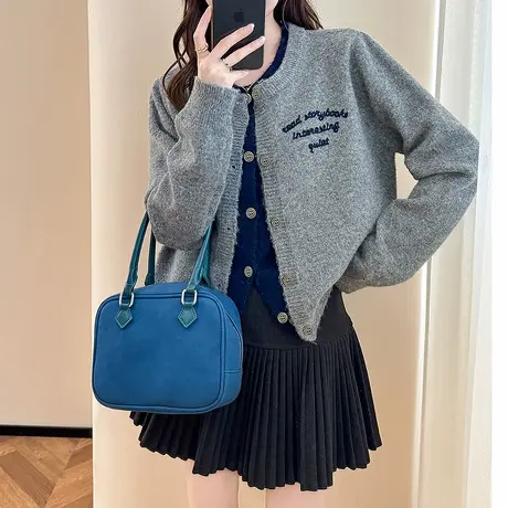 唐狮秋冬季毛衣女超好看简约风字母图案假两件圆领温柔系开衫TD商品大图