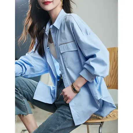 宝诗黎蓝色棉质长袖衬衫女秋装2023新款OL气质宽松简约薄外套上衣商品大图
