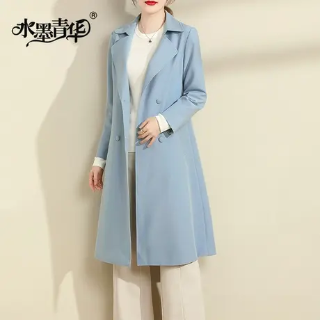 水墨青华2023冬季新款时尚过膝风衣大衣百搭中长款西装外套女图片
