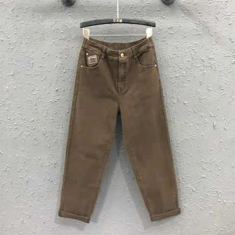 个性贴布小脚萝卜哈伦裤秋冬新款咖啡色金属装饰高腰百搭牛仔长裤图片