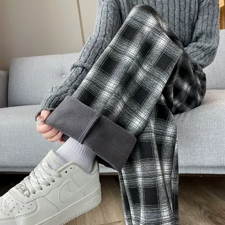 复古格子休闲西装裤女冬季新款高腰宽松阔腿裤宽松加厚加绒拖地裤图片