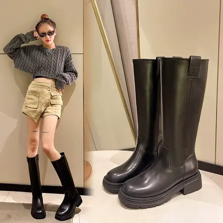 高筒骑士靴女2023年冬季百搭新款不过膝长筒靴厚底平底靴粗跟长靴商品大图