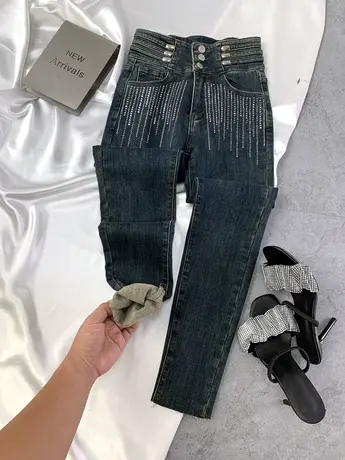 2023秋冬新款加绒牛仔小脚裤女高腰显瘦贴钻排扣弹力紧身铅笔长裤商品大图