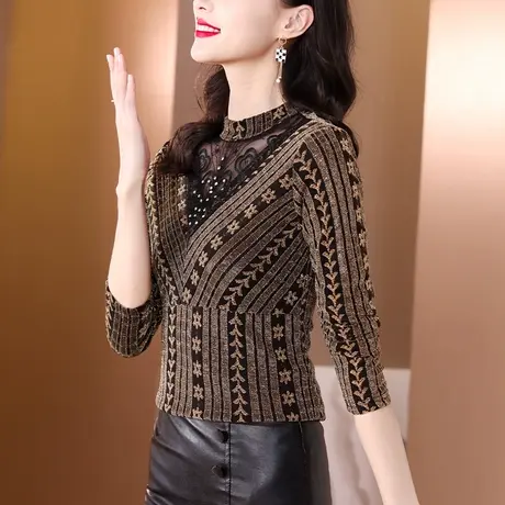 2023冬季新款时尚洋气小衫加绒加厚打底衫女长袖保暖内搭镂空上衣商品大图