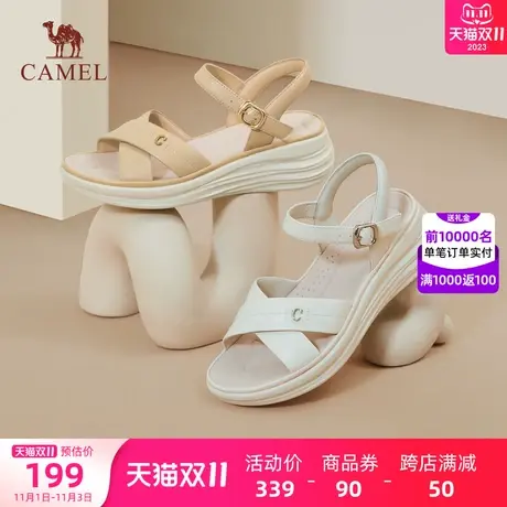 骆驼女鞋2023年夏季新款真皮一字带厚底露趾坡跟罗马鞋女时装凉鞋图片