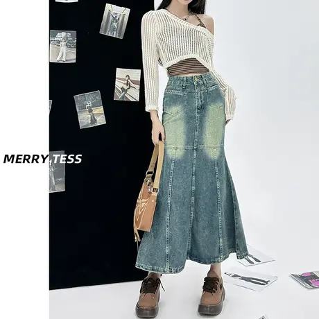 美式复古工装高腰a字半裙女2023春秋新款牛仔半身鱼尾裙女中长裙图片