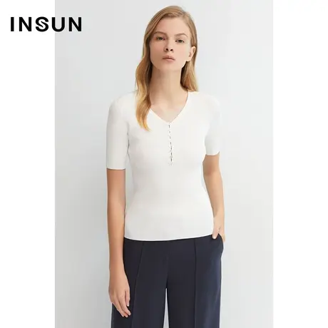 恩裳商场同款夏季女装修身坑条时尚领口原创短袖毛针织衫商品大图