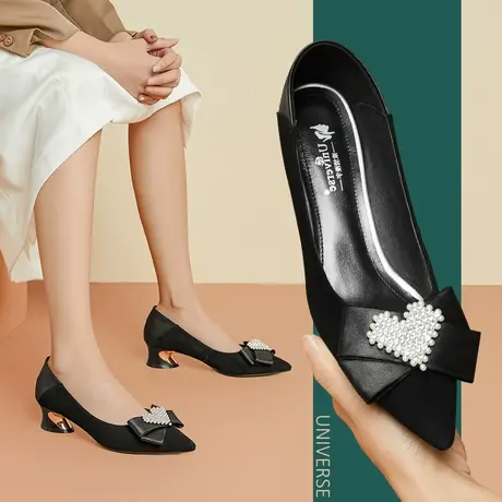 春季新款真皮异形跟单鞋女纯色尖头休闲中跟鞋拼接浅口套脚鞋商品大图