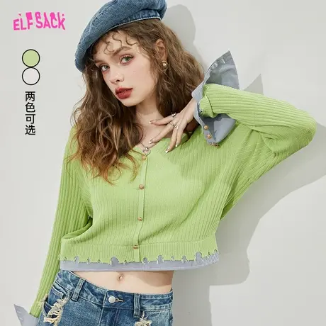 妖精的口袋拼接衬衫绿色短款针织开衫女2024春新款假两件显瘦上衣商品大图