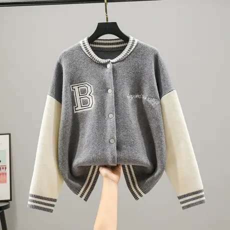 22098新款韩版宽松长袖拼色针织衫女士百搭圆领棒球服开衫外套商品大图