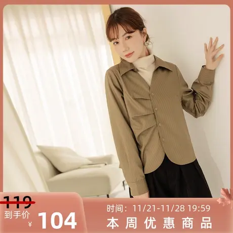 桔熊秋冬季设计感不易皱条纹翻领压褶长袖衬衫上衣女大码AB19183图片