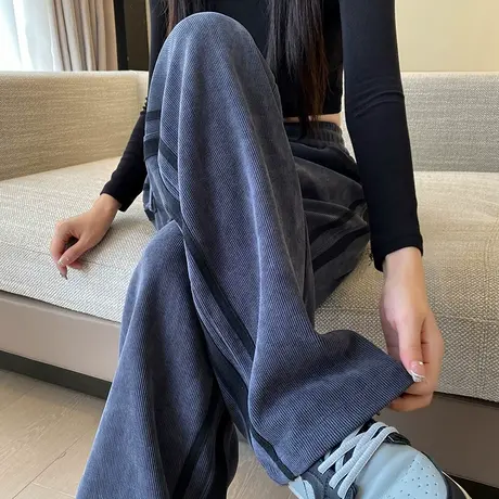 灯芯绒阔腿裤女秋冬季新款2023运动休闲直筒垂感拖地雪尼尔条绒裤商品大图