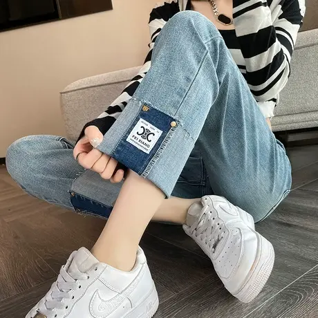 翻边直筒牛仔裤女春秋浅色高腰复古窄版小个子法棍九分修身烟管裤商品大图