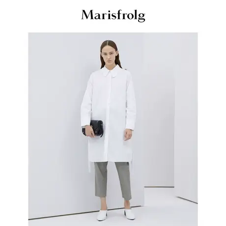 Marisfrolg玛丝菲尔纯棉白色衬衫女装2020春季新款中长款宽松上衣商品大图