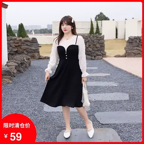 【清仓】季新款气质法式显瘦大码胖妹妹连衣裙假两件中长款茶歇裙商品大图