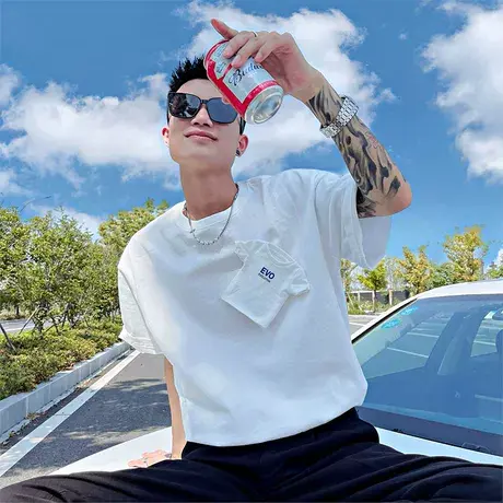 夏季男t恤上衣口袋装饰原宿个性打底衫短袖半袖宽松潮牌潮流纯色图片