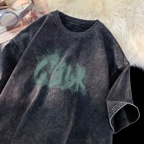 字母涂鸦短袖t恤男款夏季美式复古水洗做旧重磅潮牌情侣半袖体恤商品大图