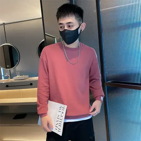 2023秋季网红潮牌华夫格格子网红假两件潮流时尚纯色卫衣T恤体恤图片