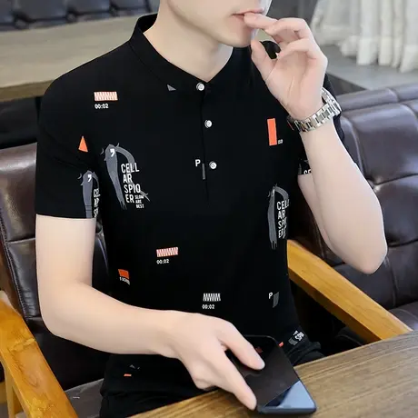 纯棉新款夏季立领Polo衫男士短袖T恤韩版修身潮流印花个性青年ins图片