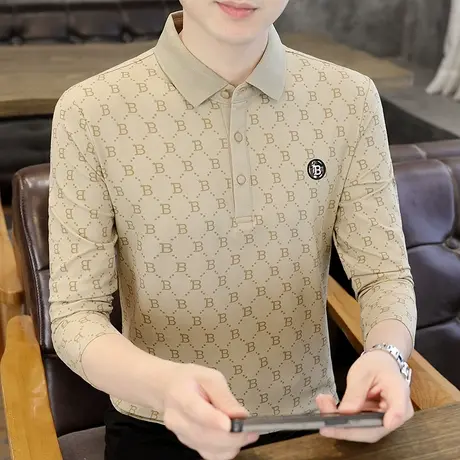 秋季2023长袖t恤男士潮流翻领polo衫商务休闲印花刺绣花打底衫ins商品大图