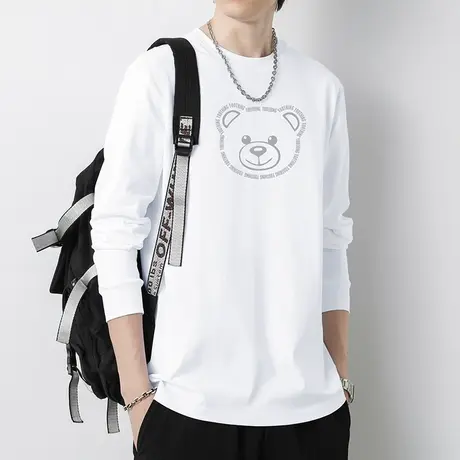 240G重磅纯棉白色t恤男长袖潮流宽松全棉内搭打底衫潮牌小熊体恤商品大图