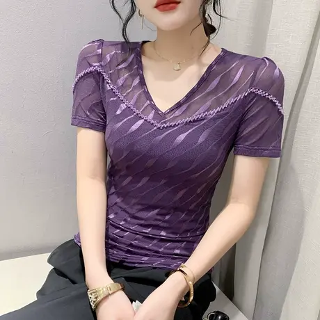 时尚钉珠网纱T恤女短袖2023夏新款性感V领小衫洋气显瘦修身上衣潮商品大图